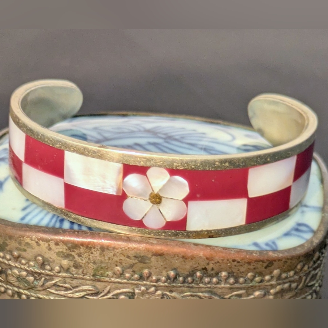 Vintage Red Enamel And Mother Of Pearl Inlay Floral Bracelet Made In Mexico